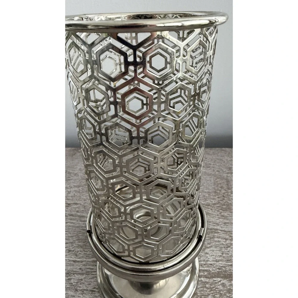 Vintage Cutout Ornate Silver Metal Candleholder Tea light Pillar Vase Decor